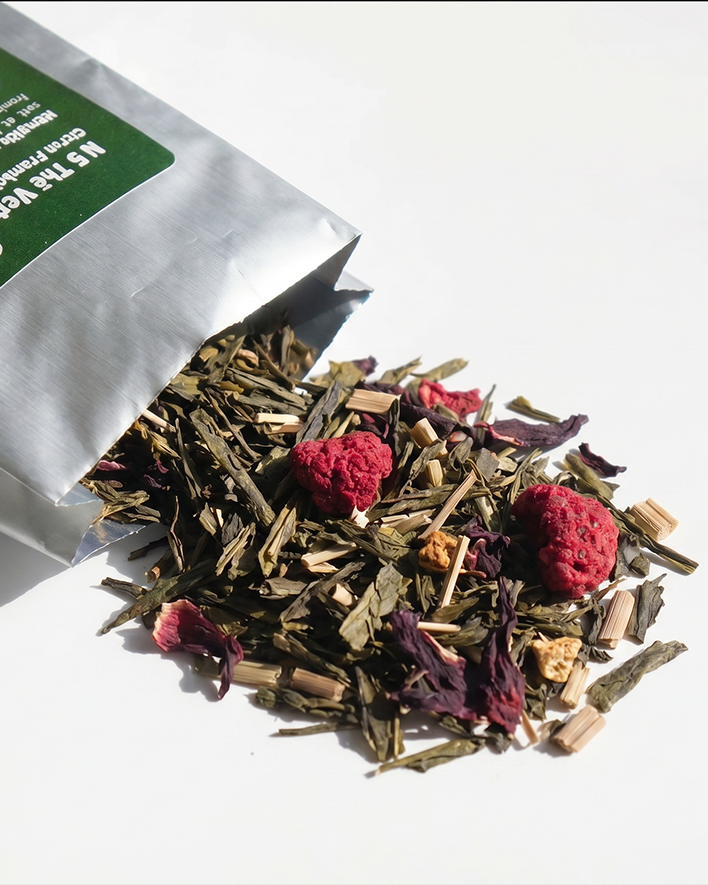 packshot thé vert sencha citron framboise