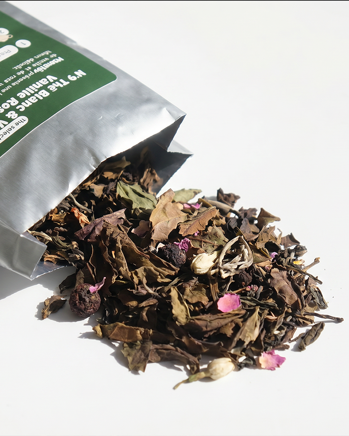 packshot texture thé vert et blanc vanille rose